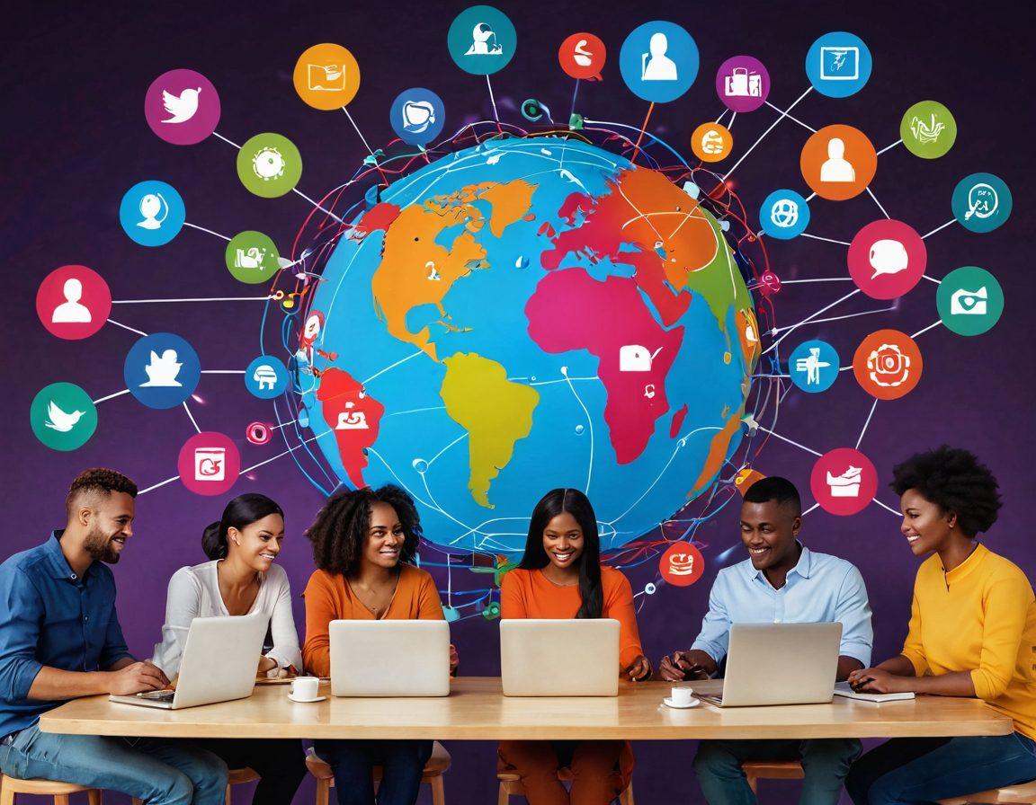 A digital montage illustrating diverse individuals engaged in online networking; features a globe made of interconnected people icons and social media symbols. Include vibrant colors and dynamic lines showing connections branching out. Incorporate elements like chat bubbles and laptops in a cozy café setting to represent collaboration. super-realistic. vibrant colors.