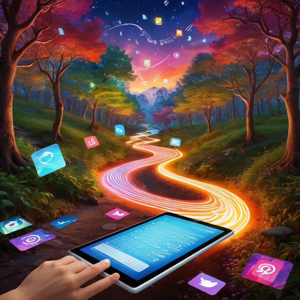 A whimsical landscape showcasing a winding path through a vibrant digital forest, filled with colorful blogs represented as floating pages with words and images swirling around. A person is joyfully journaling on a glowing tablet, with a variety of devices around them representing the digital realm. The sky is filled with abstract icons of social media and blogging connected by shimmering lines. super-realistic. vibrant colors. digital art.