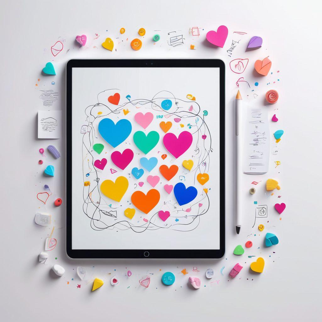 An artistic representation of a vibrant digital diary on a sleek tablet, filled with colorful notes, sketches, and inspirational quotes. Surrounding it are floating icons symbolizing creativity, networking, and growth, such as light bulbs, hearts, and arrows. The background features a blend of soft pastel colors to evoke a sense of creativity and tranquility. The scene should convey a feeling of inspiration and connection. super-realistic. vibrant colors. white background.
